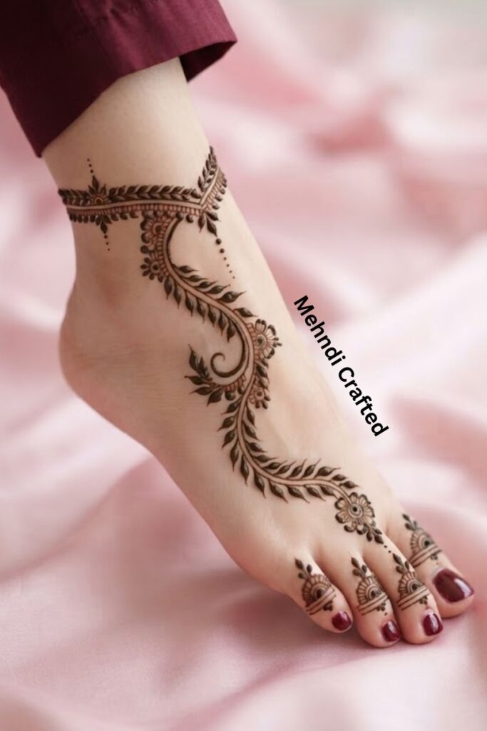 Leaf trail foot mehndi design with a delicate curved vine
