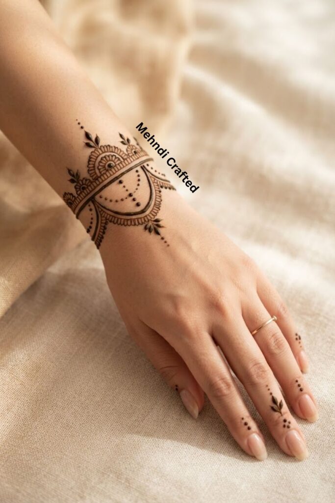 Stylish bracelet mehndi with delicate dots, floral motifs, and fine henna lines around the wrist