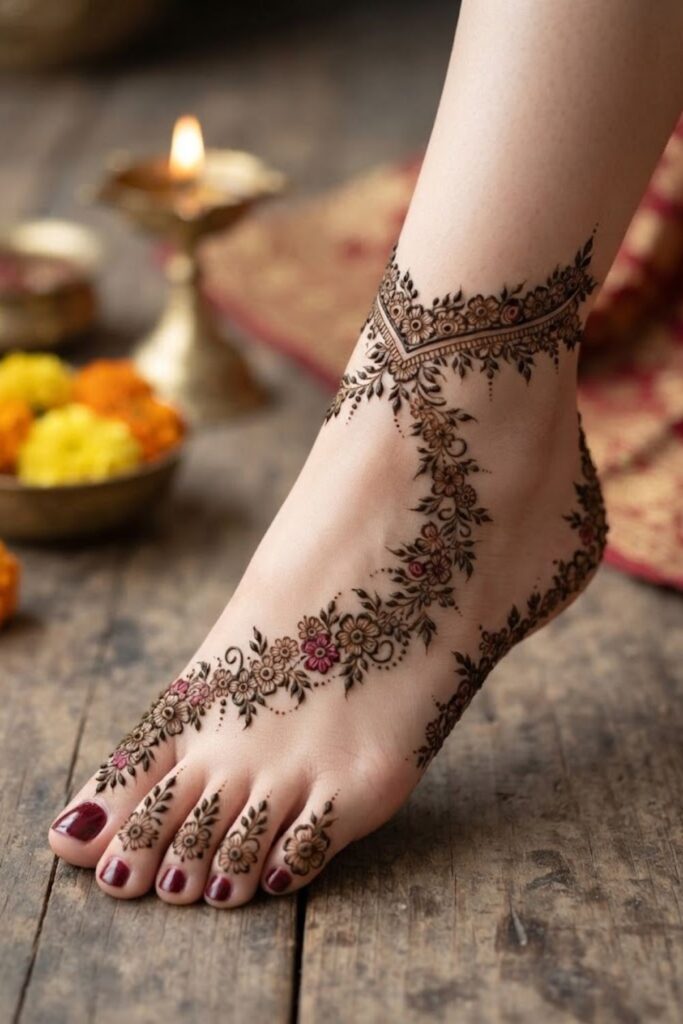 Tiny floral foot mehndi design with delicate leaves