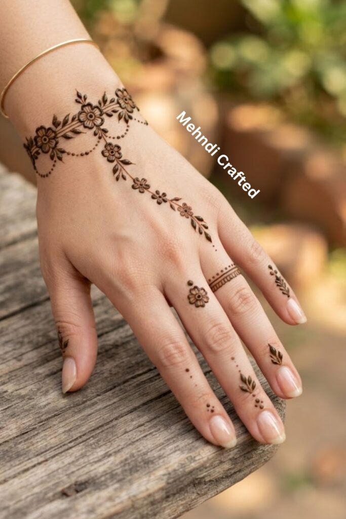 “Tiny Flower Bracelet Mehndi Design with Minimalist Finger Patterns”