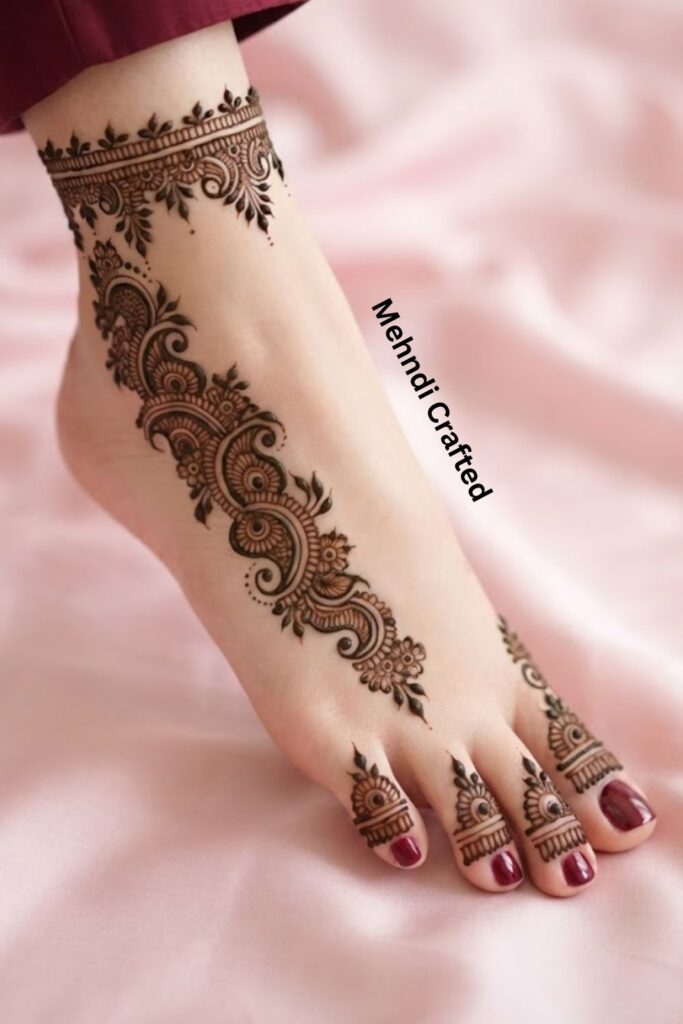 Tiny paisley foot mehndi design with curved details