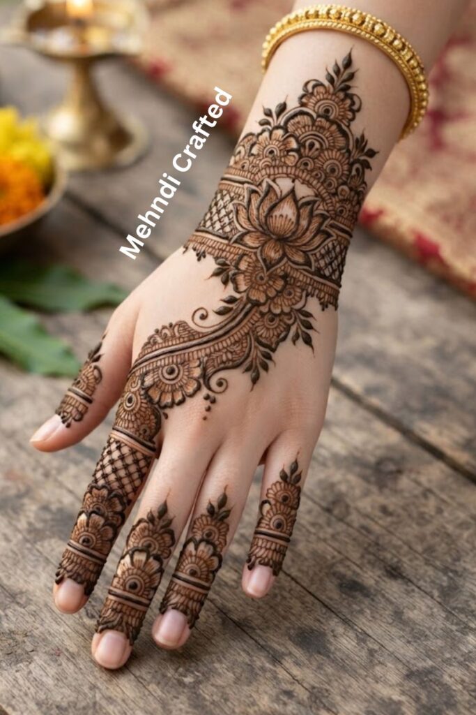 Traditional Indian flower mehndi design with detailed petals, leaves, paisleys, and fine decorative patterns.