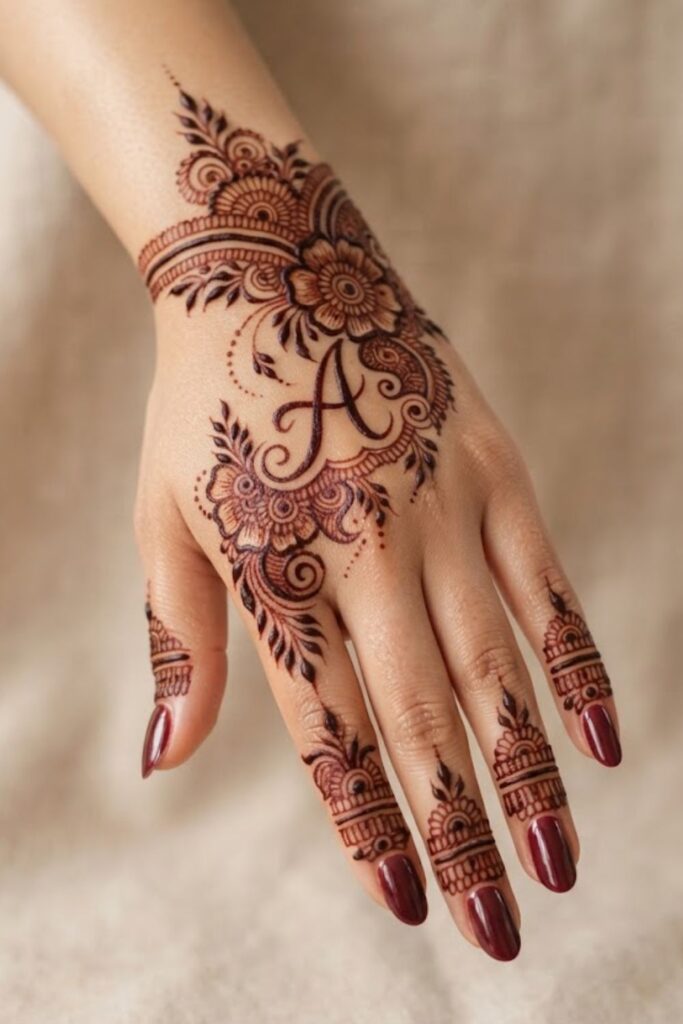 A Name Mehndi Design with an elegant letter A and deep maroon nail polish