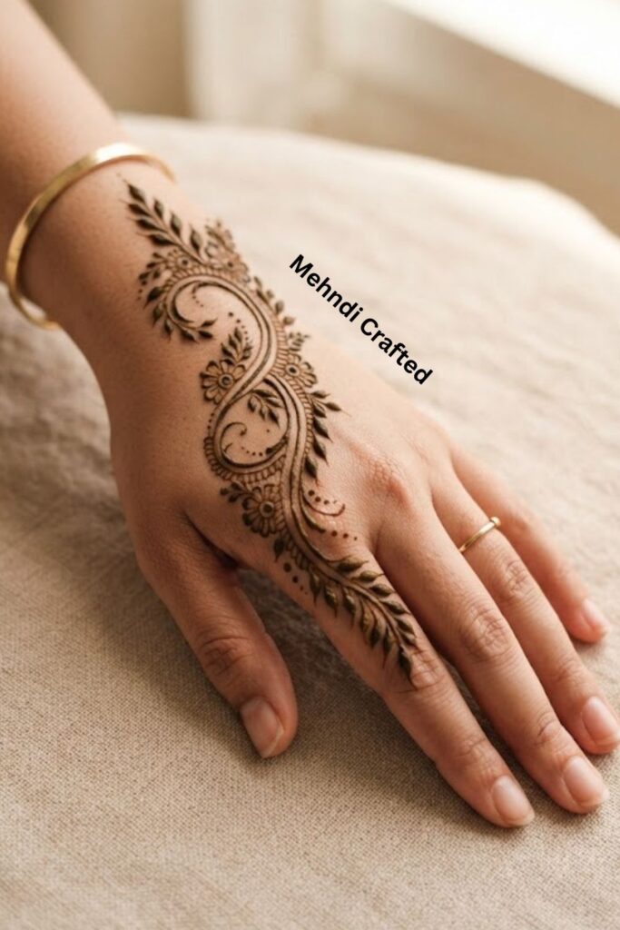 Bail mehndi design with a graceful leafy vine, flowers, and delicate dots on the back of the hand