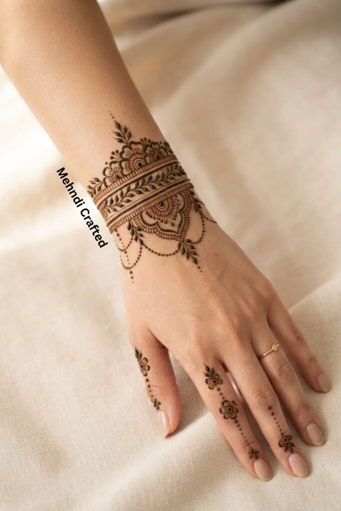 Elegant bracelet mehndi design with floral and leafy henna patterns around the wrist