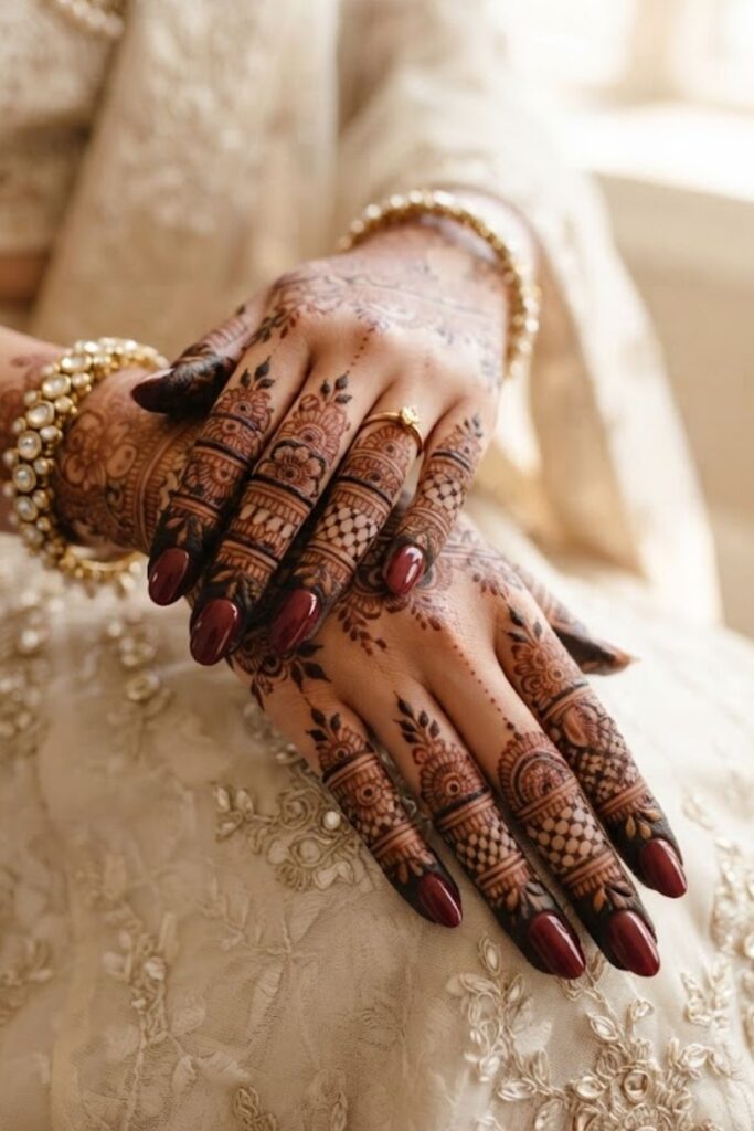 Elegant bridal finger mehndi designs with floral, leafy, and paisley henna patterns on a bride’s hands