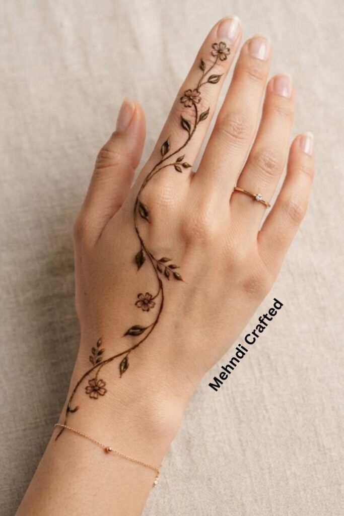 What Are One Line Mehndi Designs with a simple flowing floral and leafy henna pattern