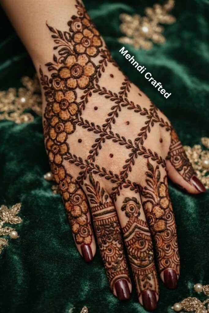 Grid mehndi design with neat geometric squares, diamonds, and fine lines on the hand