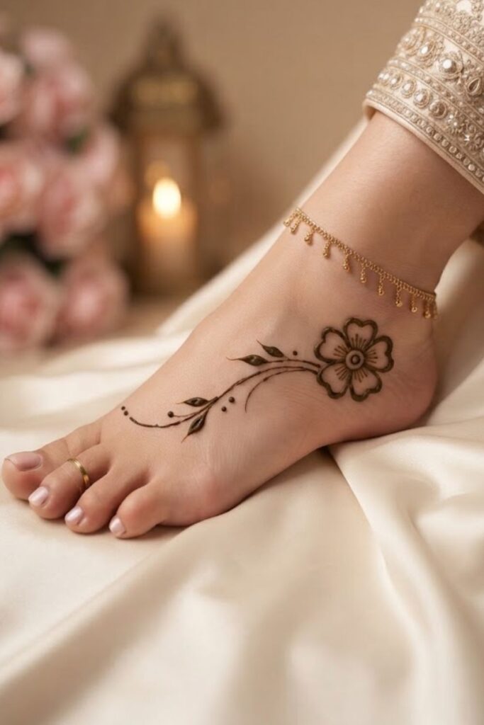 What Are Minimal Foot Mehndi Designs with a simple floral and leafy pattern