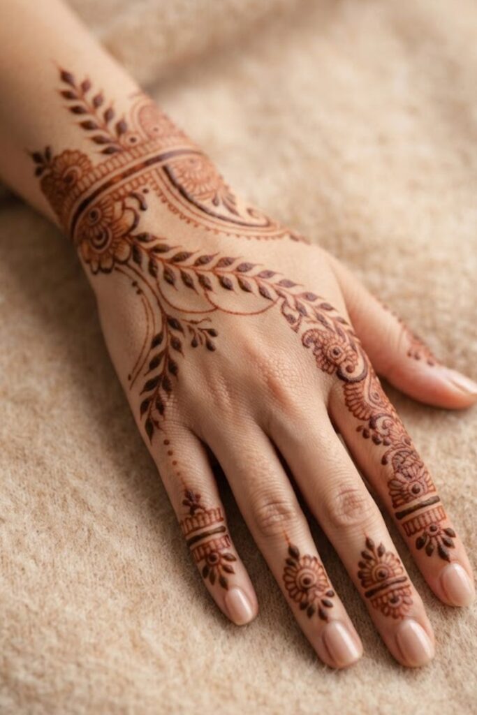 Bengali mehndi design with delicate floral vines, leaves, and traditional patterns