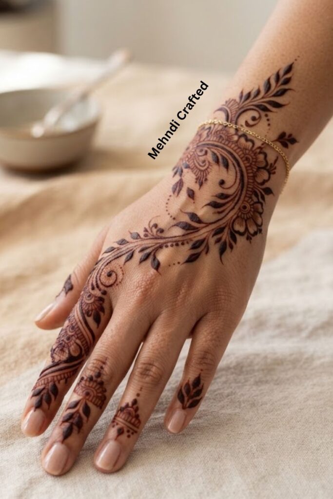 Beautiful leafy mehndi design with delicate vines and natural leaf patterns