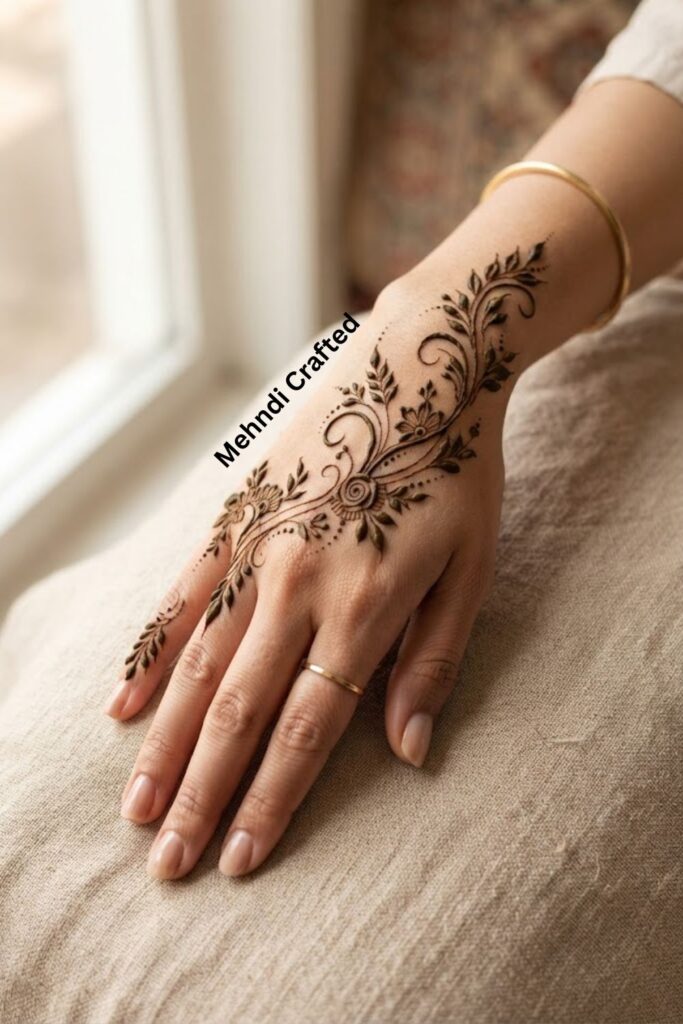 Popular bail mehndi design 2026 with delicate floral vines, leaves, dots, and open spaces