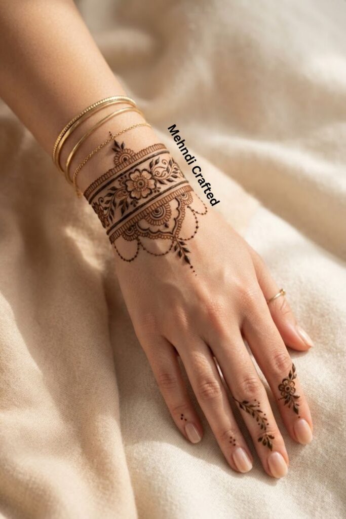 Trending bracelet mehndi design with modern floral and leafy henna patterns on the wrist