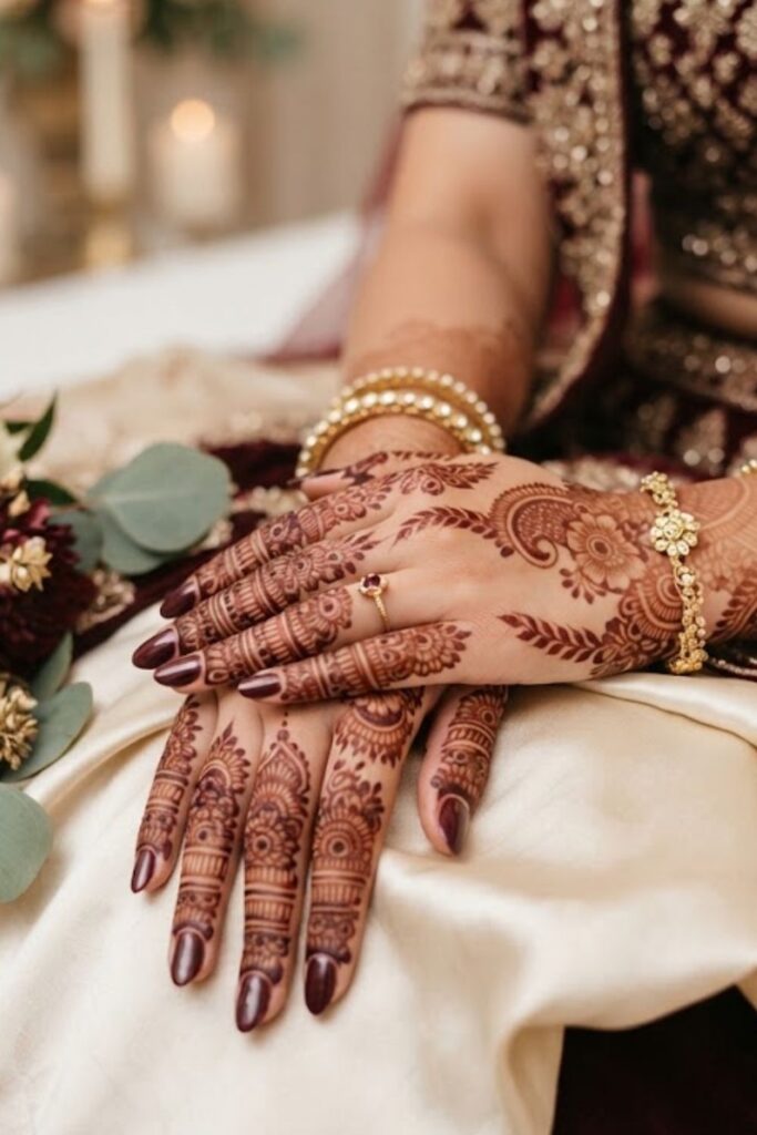 Bridal finger mehndi adding elegance and detail to a bride’s wedding hands