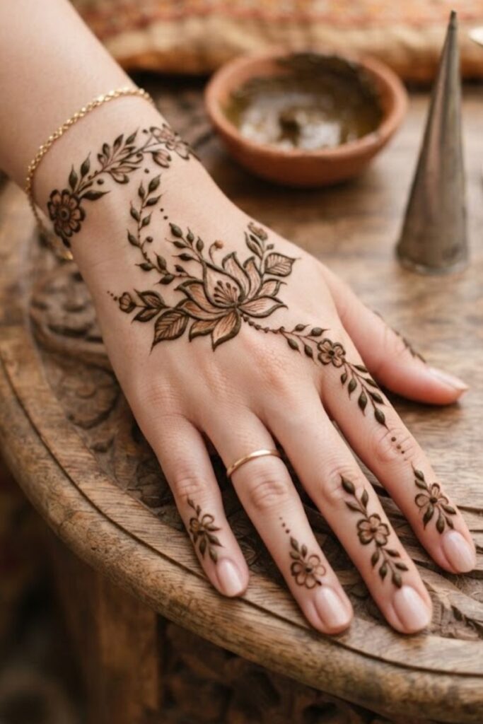Indian floral mehndi designs 2026 with detailed flowers and leafy patterns covering the palms and fingers.